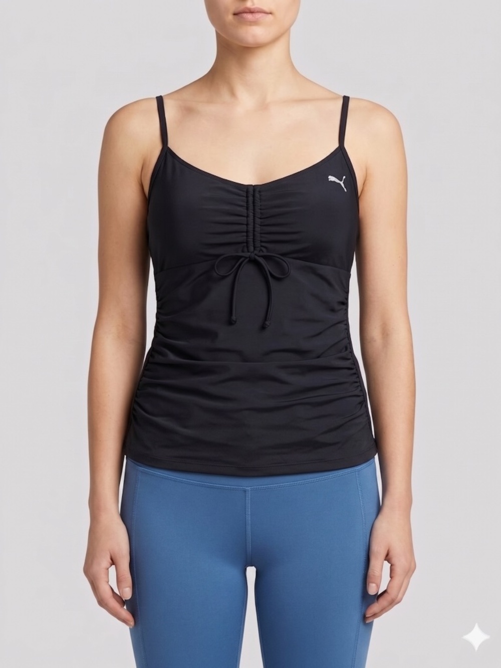 Puma Tankini Top Black Ruched Front Adjustable Spaghetti Straps Size L